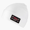 Detail of white ribbed knit beanie with black patch featuring metal rivets and text - L (58-60cm) / White