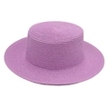 Macro shot of purple straw boater hat showing fine spiral weaving texture and flat brim - Purple