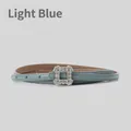 Slim light blue leather belt for women featuring a sparkling crystal square buckle - Light Blue