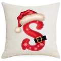 Christmas pillowcase with red letter S design and festive Santa hat on beige linen - Letter S