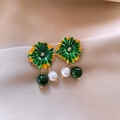 Floral gradient earrings with green and yellow petals, white pearl and green bead drop - 6# Silver Post Style (6#)