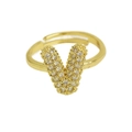 Adjustable gold balloon bubble V-letter open ring with sparkling crystal pavé stones - Adjustable Open / Gold-V