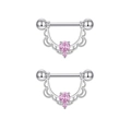 Pink heart-shaped nipple ring set in polished silver stainless steel with pink zircon - Half U-Shape Zirconia Pair