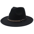 Close-up of black wool fedora with ethnic geometric band and silver metal ring - M (56-58cm) / Black