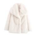 Detailed view of white faux fur texture and wide lapel design on this cropped coat - White