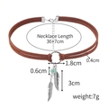 Bohemian choker featuring brown faux suede cord with turquoise bead and silver feathers - N2111-12 Brown Double Layer Feather Choker