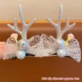 Sparkly silver reindeer antler hair clip with white lace bow and blue pearls accessories - 04# Silver Antler Clip with White Bow