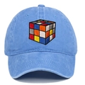 Detail of colorful Rubik's Cube embroidery on light blue washed cotton baseball cap - Light Blue / Adjustable