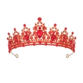 Exquisite detail of golden bridal crown featuring vibrant red crystals and teardrop stones - KC Gold - All Red Rhinestone