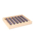 Wooden jewelry display tray with six purple velvet rods and gold caps for rings and watches - Gray Ring Bar Display Tray / Gray