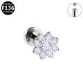 Internal thread flower stud in F136 titanium with sterile white zircon inlays - Silver Flower Style (G23LAI069-S)