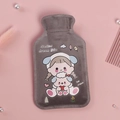 Cute gray plush hot water bottle featuring a cartoon girl print with blue earmuffs - Grey - Small Girl Holding Bear