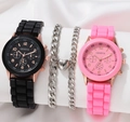 Pink and black Geneva quartz watch set with matching magnetic couple bracelets - Black Pink