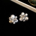 Detail view of vintage silver post flower earrings with pearls and crystal rhinestones. - Vintage Pearl Flower Cluster Style (30#) / Silver