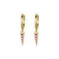 Detail of golden triangular earrings featuring four graduated pink round gemstones - Pink Zircon