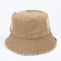 Vintage distressed denim bucket hat in camel with frayed edges and ripped detailing - M (56-58cm) / Khaki