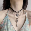 Multi-layer choker necklace featuring black velvet, silver star pendant and grey beads - Star Water Drop Multi Layer Necklace / Black/Silver