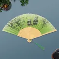 Green bamboo hand fan featuring a cute panda pattern and a green silk tassel - White Ribs Style 80