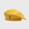 Detail of yellow knit beret featuring thick texture and embroidered P letter patch - Yellow