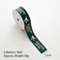 Dark green Christmas ribbon with gold Merry Christmas print and reindeer, 2.5cm wide and 5m long - Green - Grosgrain Letter / 2.5cm Wide-5m/Roll