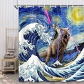 Detail of waterproof polyester shower curtain featuring creative cat and starry night art - Lightsaber Cat M2340