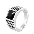 Men's vintage stainless steel ring featuring a black rectangular gem and checkered texture - US 7 / Silver Base Black Stone