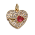 Golden heart pendant with red stone and white zircon pavé for DIY jewelry making - CX155-06 Puzzle Red Heart