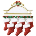 Customizable resin Christmas plaque with 7 red glitter stockings and holly leaf decoration - Family of 7 - Machine Printed
