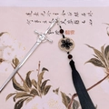 Silver sword hairpin with long black silk tassel and vintage gold ornaments - Sword Tassel-Silver Black