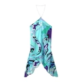 Detail des Ketten-Neckholders und asymmetrischen Saums mit lila Geometriedruck - S / Hellgrüner Druck