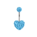 Blue heart-shaped crystal 14G stainless steel belly button ring with silver metallic finish - Style 8 (Full Rhinestone Heart)