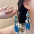 Dettaglio orecchini boho con piume blu, perline turchesi e pendenti a foglia dorata - Nappina a Goccia d'acqua Blu (1# Gancio per Orecchio)