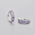 Detail view of silver hoop earrings featuring rectangular purple zircon stone inlay - Rectangular Ear Buckles / White Gold Purple Zirconia