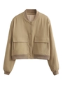 Detail of khaki bomber jacket collar showing size S label and ribbed stand-up neckline - XS / Khaki
