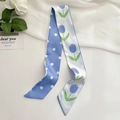 Blue tulip floral and white polka dot silk scarf for hair or bag accessories - Polka Dot Tulip Blue