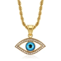 Golden hip hop necklace with Evil Eye pendant, blue center and white rhinestones on rope chain - Pendant Only (Without Chain) - Gold