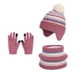 Winter kids knit set with pom-pom hat, scarf, and touch screen gloves in deep pink stripes - Dusty Rose