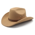 Classic camel wool felt western cowboy hat with leather band and flat top jazz style - M (56-58cm) / Camel