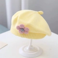 Yellow knit baby beret for toddlers featuring decorative pink and grey flowers - Flower Knit Beret / Yellow