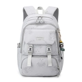 Light gray school backpack featuring all-over cartoon bear print and bear charm - Light Grey (with Pendant)