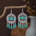 Ethnic bohemian silver hollow earrings with lake blue and red oil-drop pendants - Hollow Lake Blue/Jujube Red Oil Drop Tassel Style (E6431)
