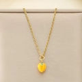 Macro shot of gold necklace with yellow mangosteen pendant and green enamel leaf detail - Orange Fruit Style (KN292112-Z)
