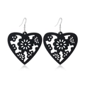 Detail of black hollow heart wood earrings with floral laser-cut patterns on white background - Style 8 (Heart Floral)