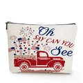 Close-up of linen makeup bag with patriotic American flag truck and fireworks design - Vintage Flag Truck