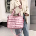 Pink metallic puffer tote bag with quilted pattern and detachable strap for women - Pink