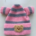 Bonnet en tricot rayé rose et gris pour bébé avec patch ours mignon et oreilles - Rose