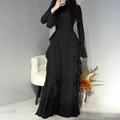Elegantes schwarzes Langarm-Maxikleid mit femininen Rüschendetails für Damenmode - S / Schwarz