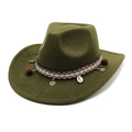 Detail of wool western cowboy hat with bohemian woven band and decorative shell charms - M (56-58cm) / Army Green