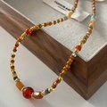 Bohemian style beaded necklace with red agate and tiger eye stones in warm tones - Red Agate Necklace XL0387