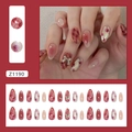 Set de faux ongles rouges vintage avec nœuds métalliques 3D et motifs fleuris - Type à Colle / Style De Noeud Rose Estompé (Z1190)
